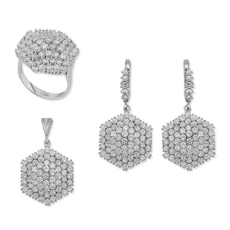Hexagonal Zircon Stone Women's Silver Set