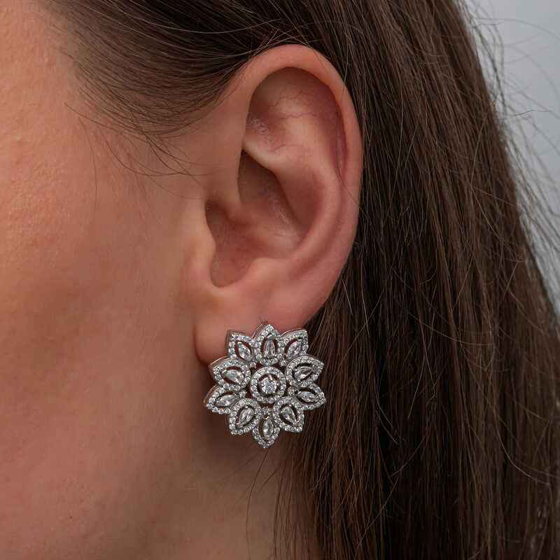 Zircon Flower Stone Women's Silver Earrings