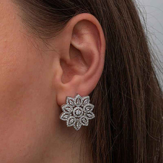 Zircon Flower Stone Women's Silver Earrings