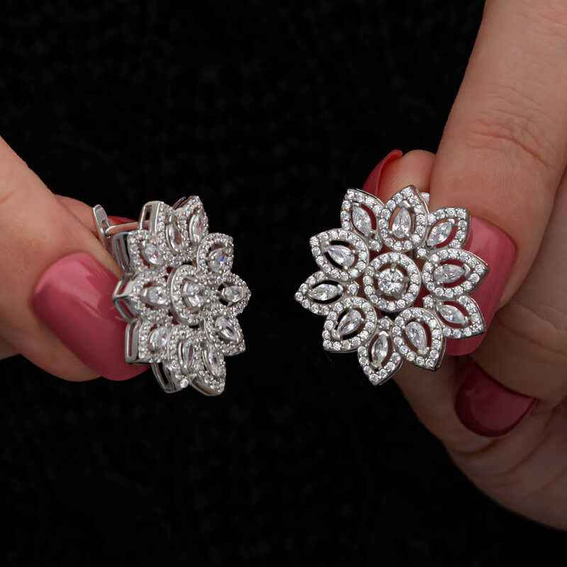 Zircon Flower Stone Women's Silver Earrings