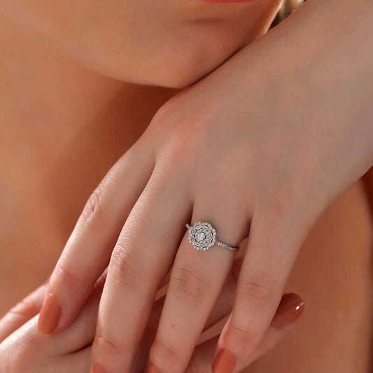 Zircon Flower Stone Women's Silver Ring