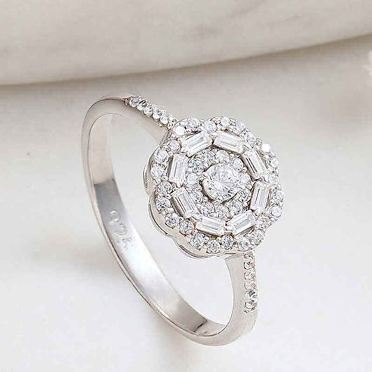 Zircon Flower Stone Women's Silver Ring