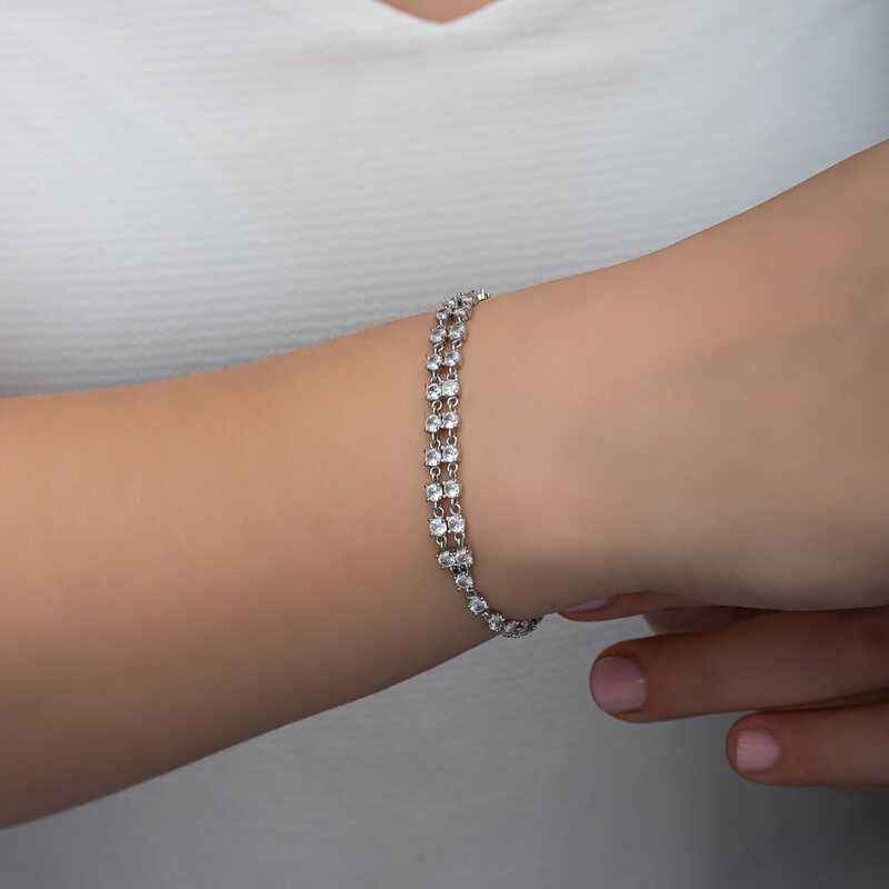 Zircon Stone Double Row Women's Silver Bracelet