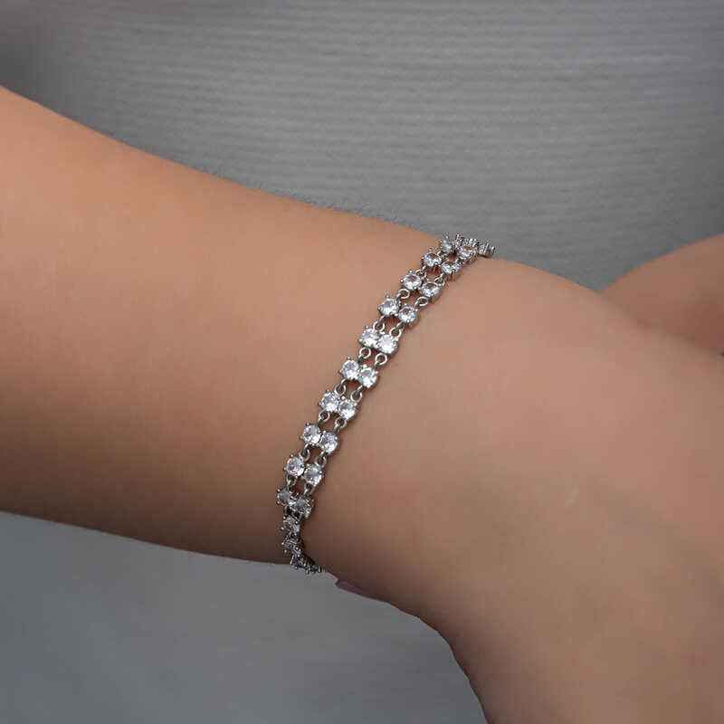 Zircon Stone Double Row Women's Silver Bracelet