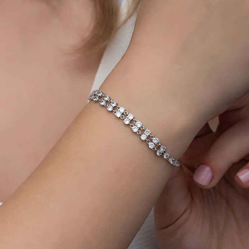 Zircon Stone Double Row Women's Silver Bracelet