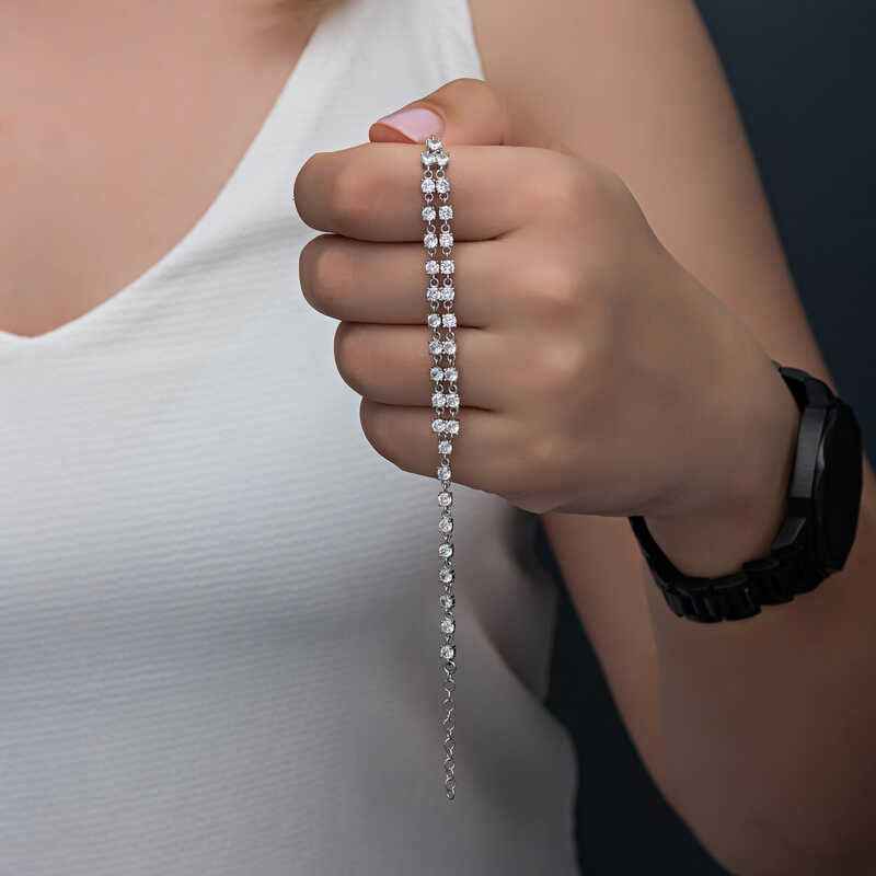 Zircon Stone Double Row Women's Silver Bracelet