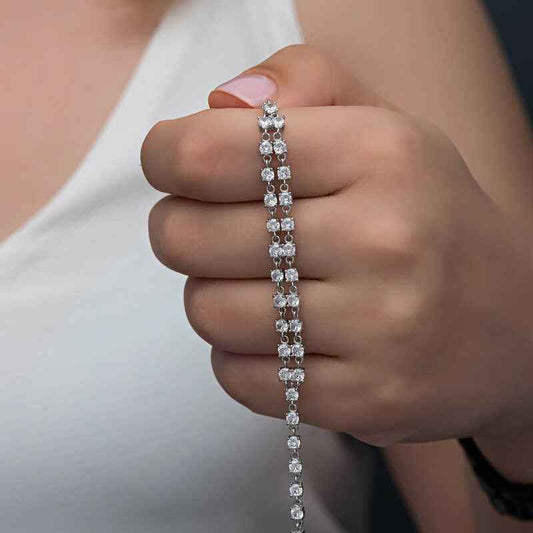Zircon Stone Double Row Women's Silver Bracelet