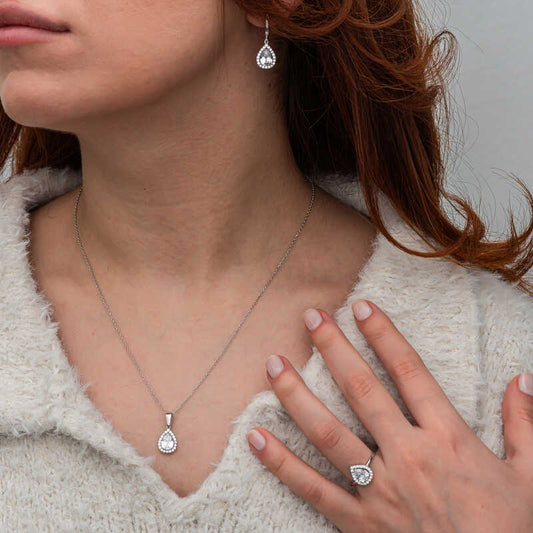White Zircon Stone Drop Women's Silver Set