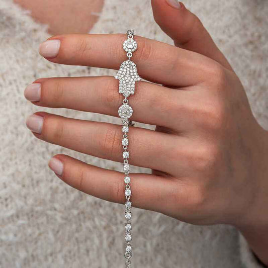 Zircon Stone Fatma's Hand Women's Silver Bracelet