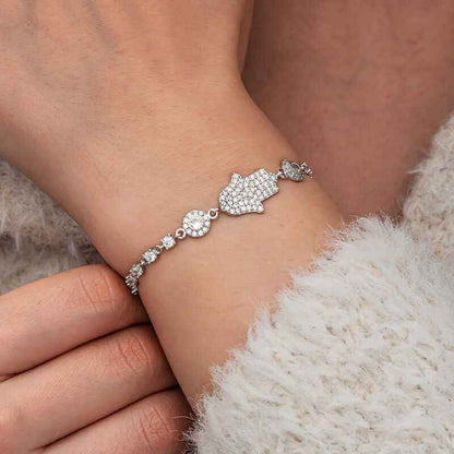 Zircon Stone Fatma's Hand Women's Silver Bracelet