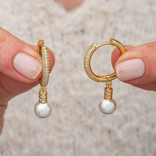 Gold Plated Zircon Stone Pearl Hoop Silver Earrings