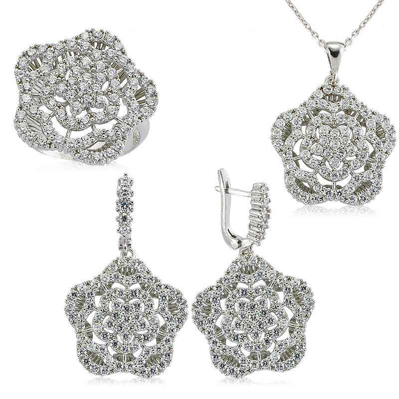 Zirkon Stone Flower Women's Silver Set