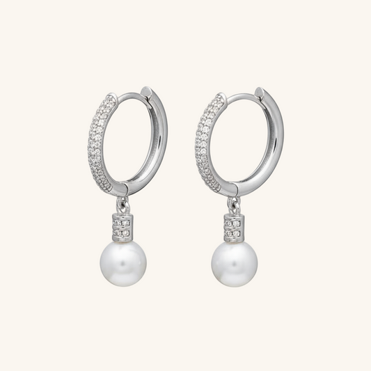 Zircon Stone and Pearl Hoop Women's Silver Earrings