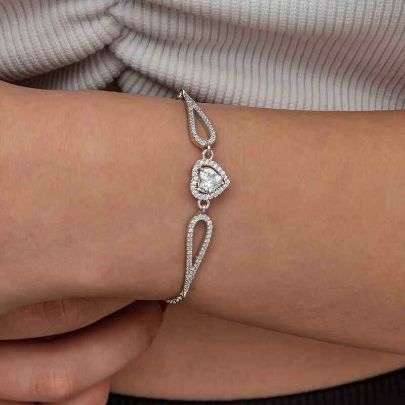 Zircon Stone Heart Women's Silver Bracelet