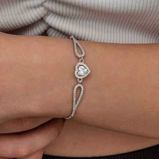 Zircon Stone Heart Women's Silver Bracelet