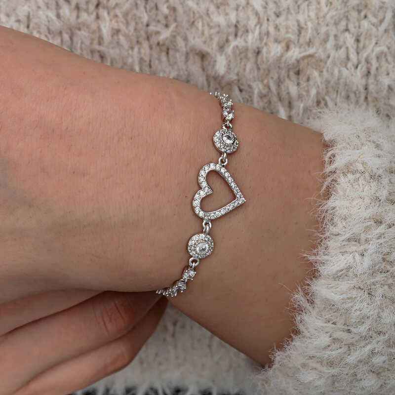 Zircon Stone Heart Women's Silver Bracelet