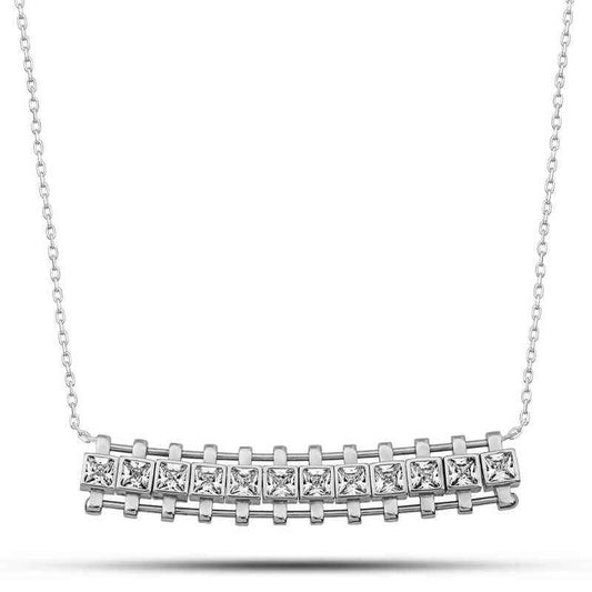 Zircon Stone Square Bar Women's Silver Necklace