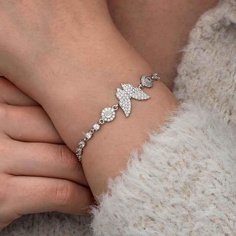 Zircon Stone Butterfly Women's Silver Bracelet