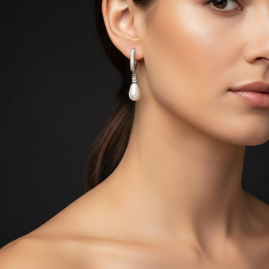 Zircon Stone Drop Pearl Dangle Women's Silver Earrings