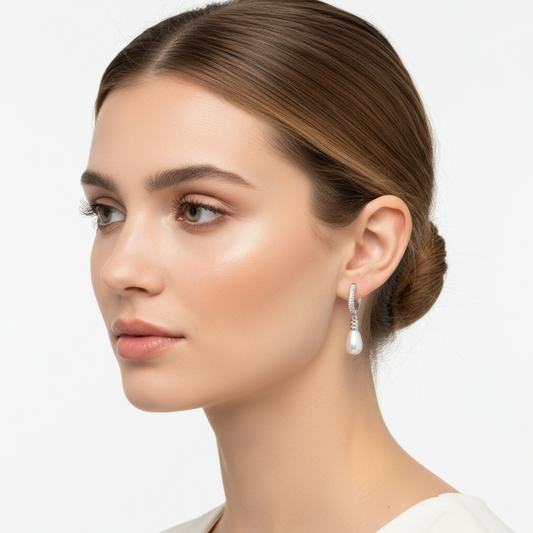 Zircon Stone Drop Pearl Dangle Women's Silver Earrings