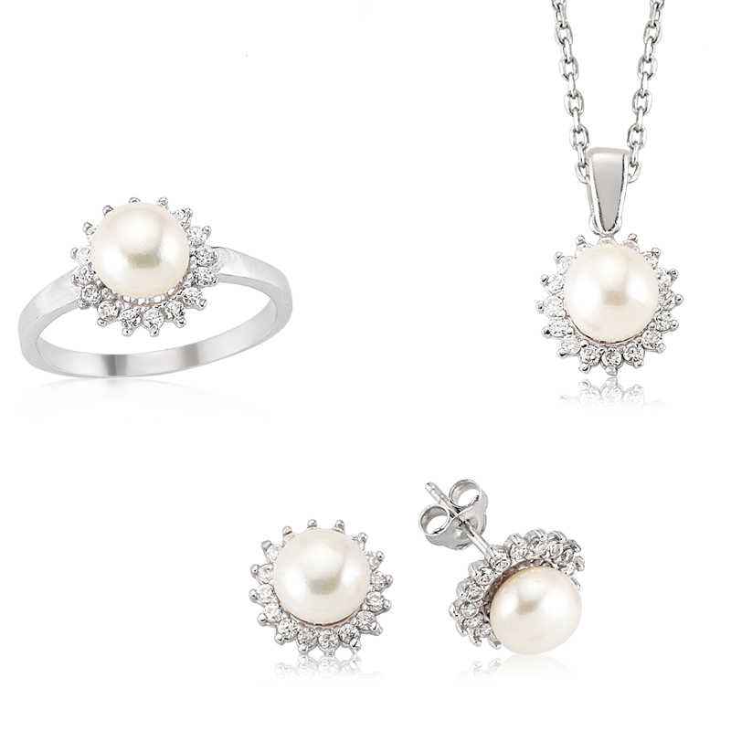 Zircon Stone Pearl Women's Silver Set