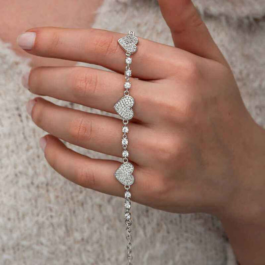Zircon Stone Row Heart Women's Silver Bracelet