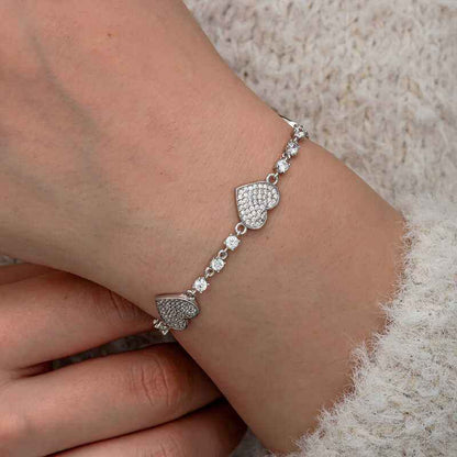 Zircon Stone Row Heart Women's Silver Bracelet