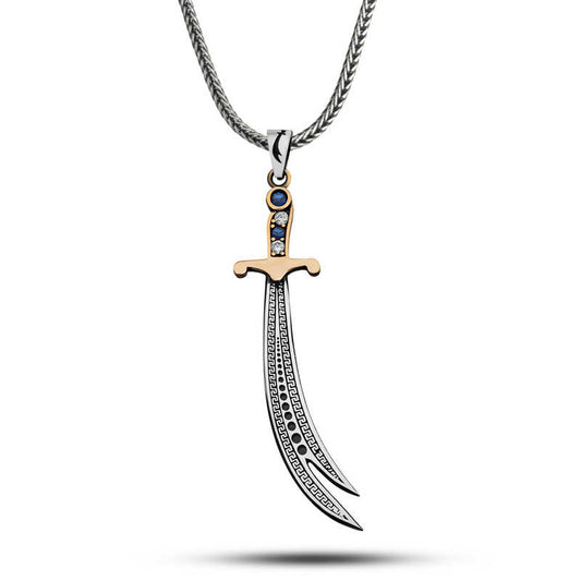 Zircon Stone Zulfiqar Sword Men's Silver Necklace