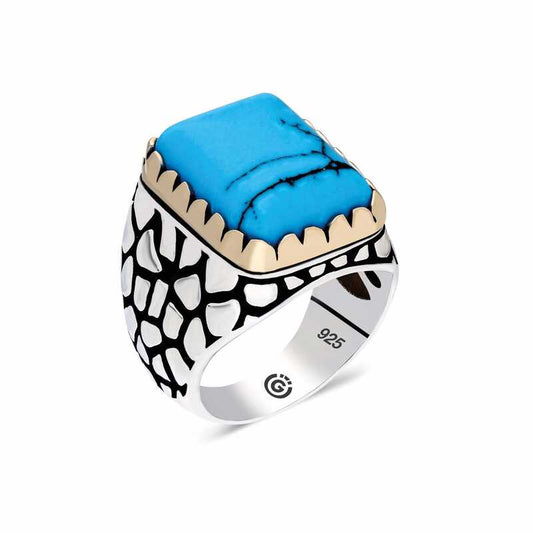 Zircon Turquoise Stone Square Men's Silver Ring