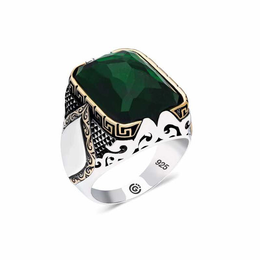 Green Zircon Stone Square Men's Silver Ring