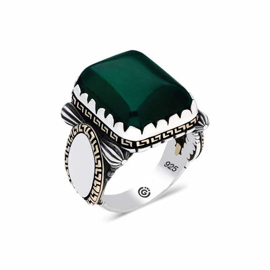 Green Zircon Stone Square Men's Silver Ring