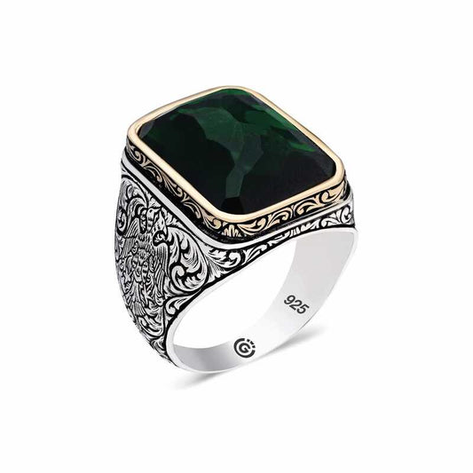 Green Zircon Stone Square Men's Silver Ring