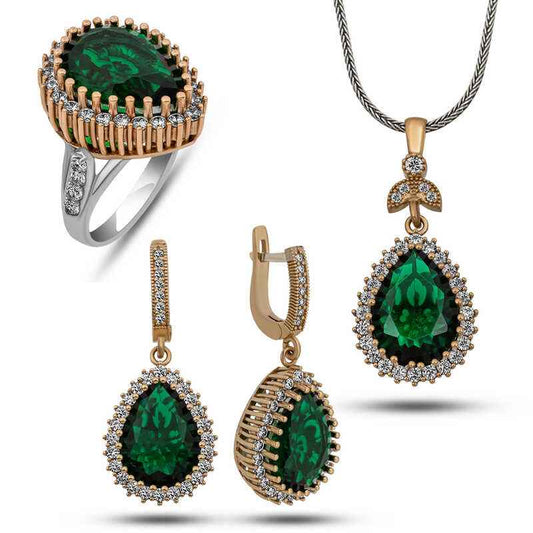 Emerald Stone Hurrem Women's Silver Set