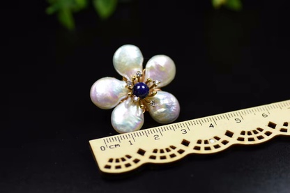 Natural Fresh Water Baroque Pearl Lapis Lazuli Flower Stud Earring