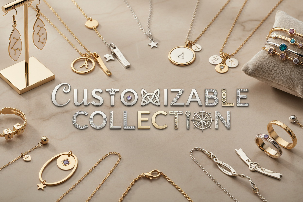 kişiselleştirelebilir kolye küpe yüzük bileklik gibi takılarla dolu bir slayt görseli oluştur. orta kısımda Customizable Collection yazsın ve bu yazı özelleştirlimiş olarak her harfi özelleştirlmişcesine farklı olarak yazılsın.