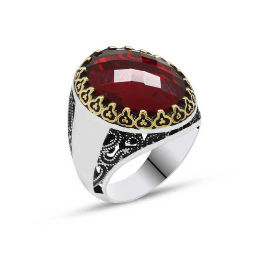 Red Zircon Stone Men's Silver Ring