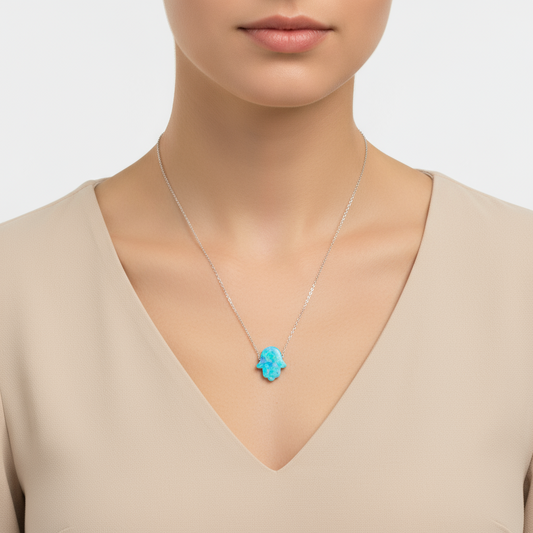 Blaue Opal Hamsa Damen Silber Halskette