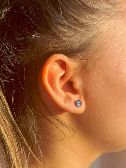 Mini Navy Turquoise Navy Circle Silver Earrings