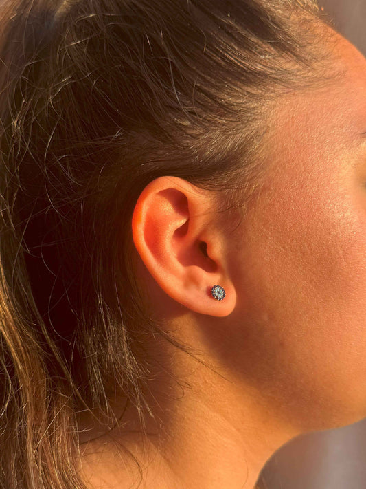 Mini Navy Turquoise Navy Circle Silver Earrings