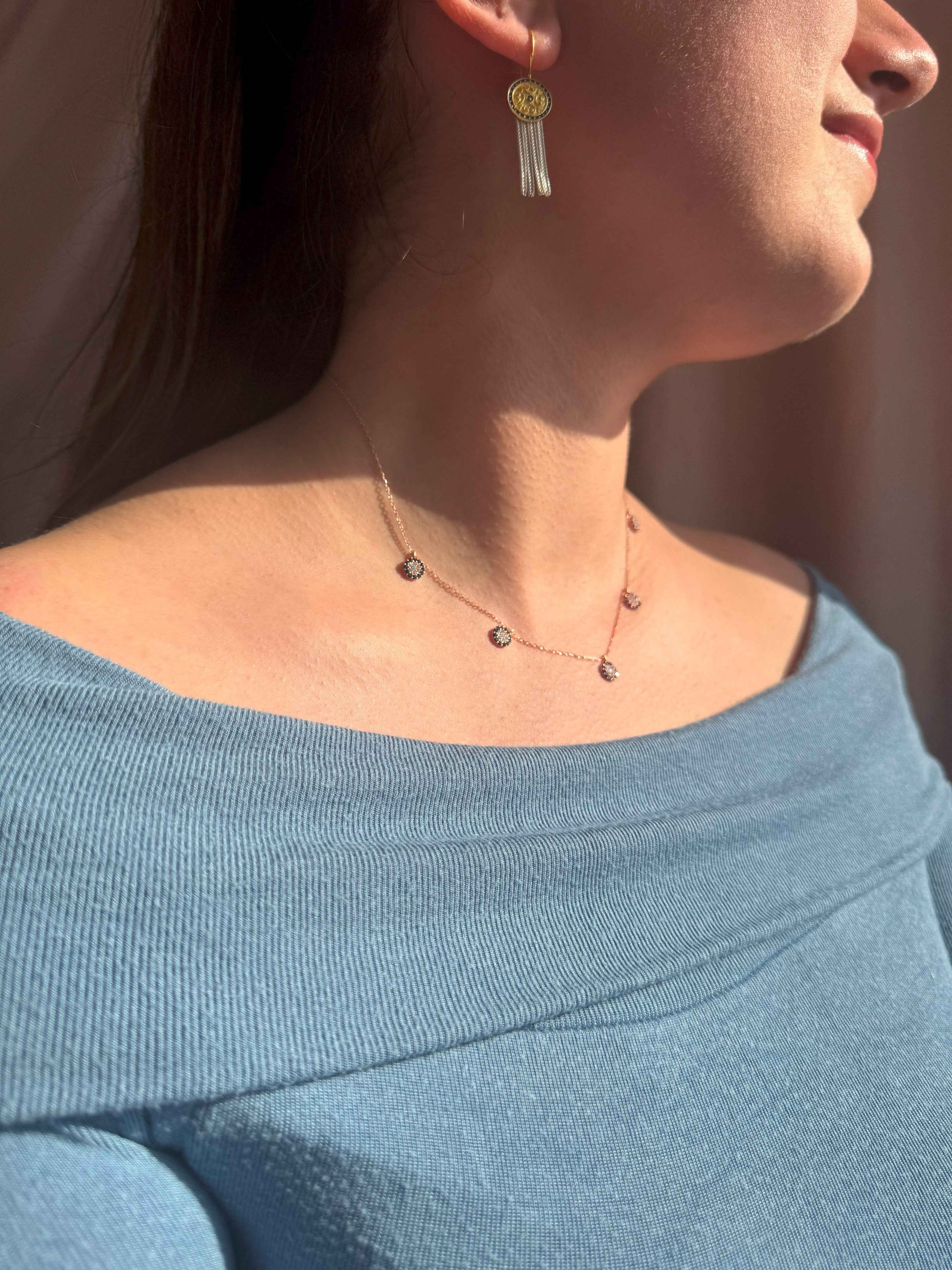 5 Navy White Turquoise Circle Silver Necklace