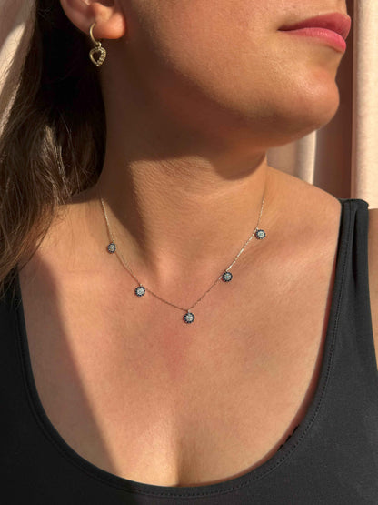 5 Navy White Turquoise Circle Silver Necklace
