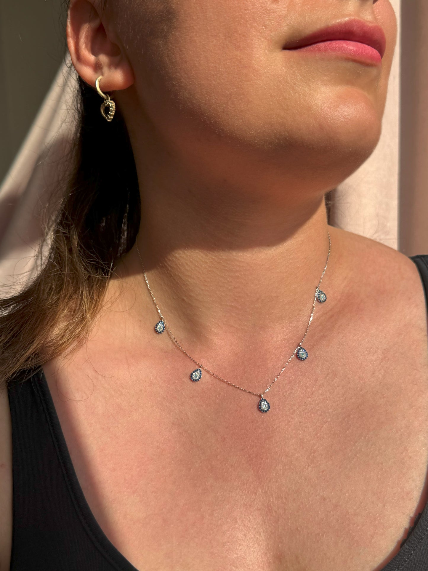5 Navy White Turquoise Drop Silver Necklace