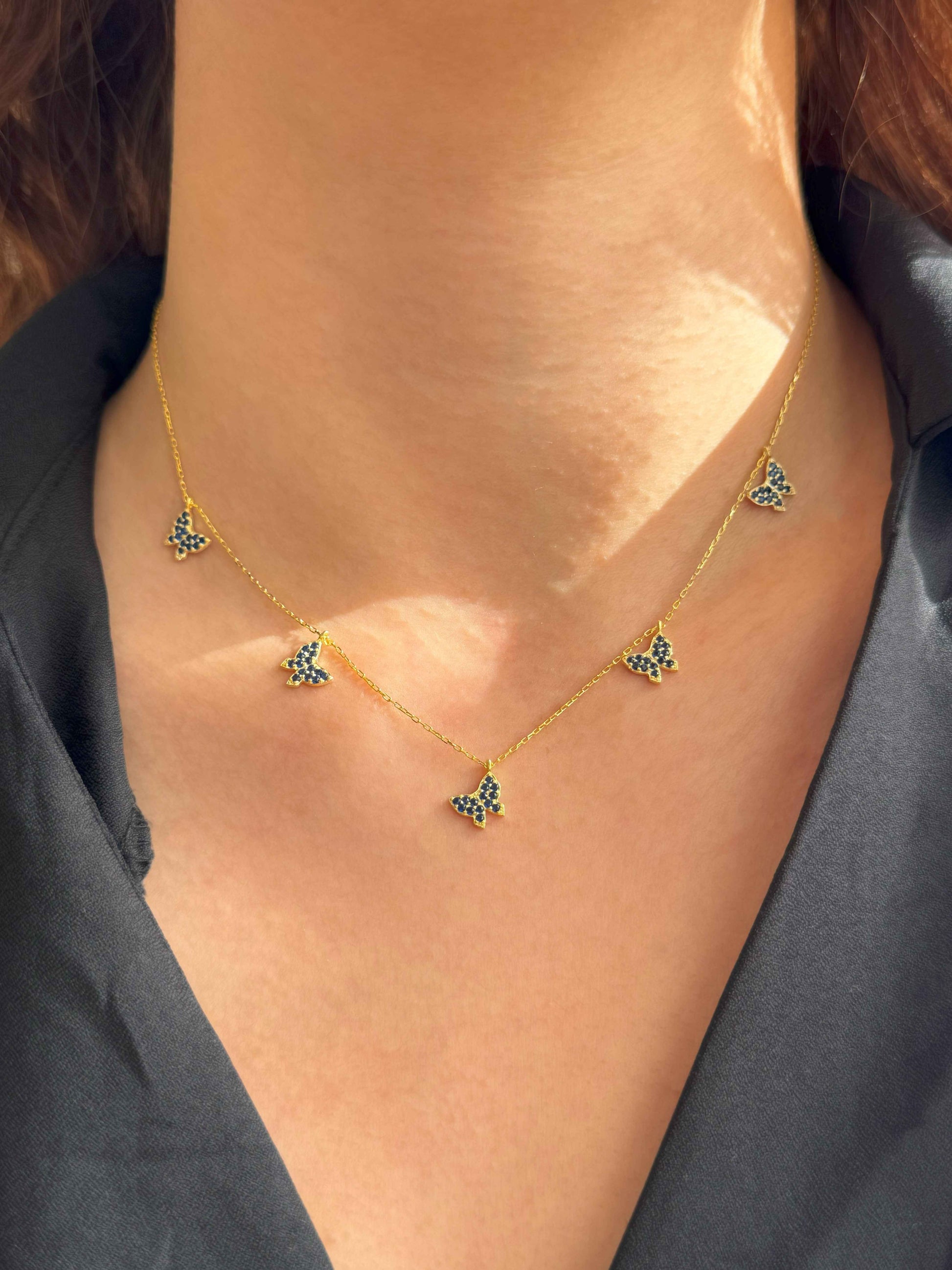 5 Navy Butterfly Silver Necklace