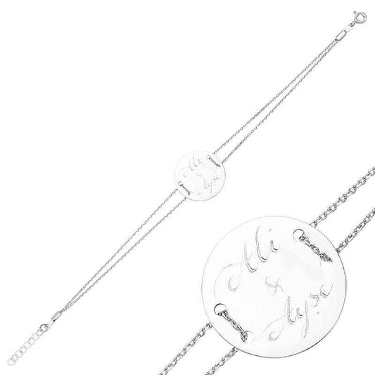 Round Plaque Name Women's Silver Bracelet
