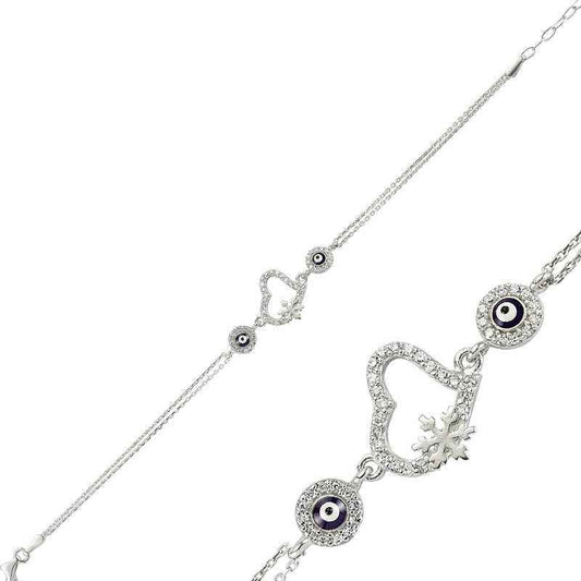 Snowflake Heart Evil Eye Women's Silver Bracelet