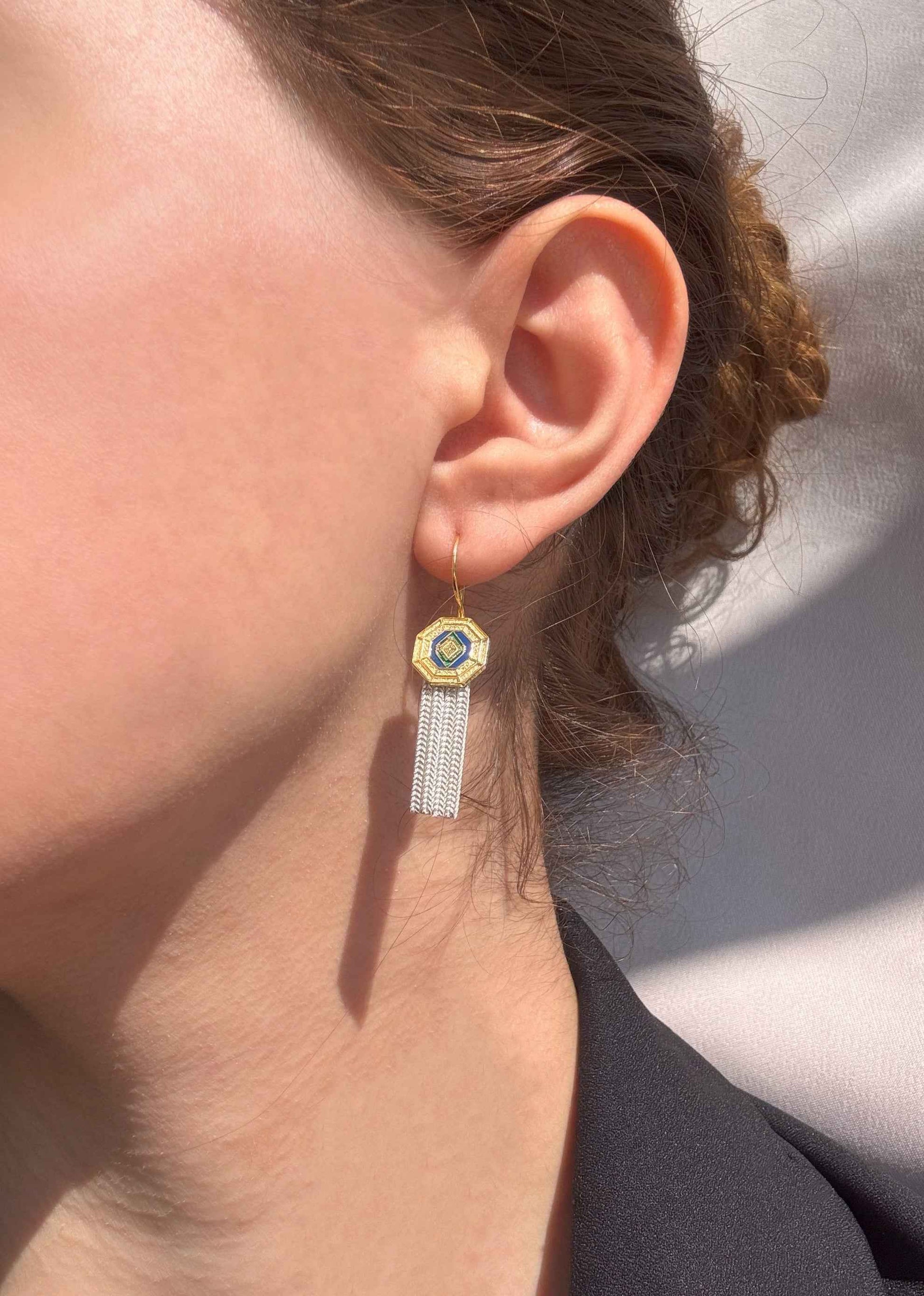 Octagonal Tassel Silver Earrings