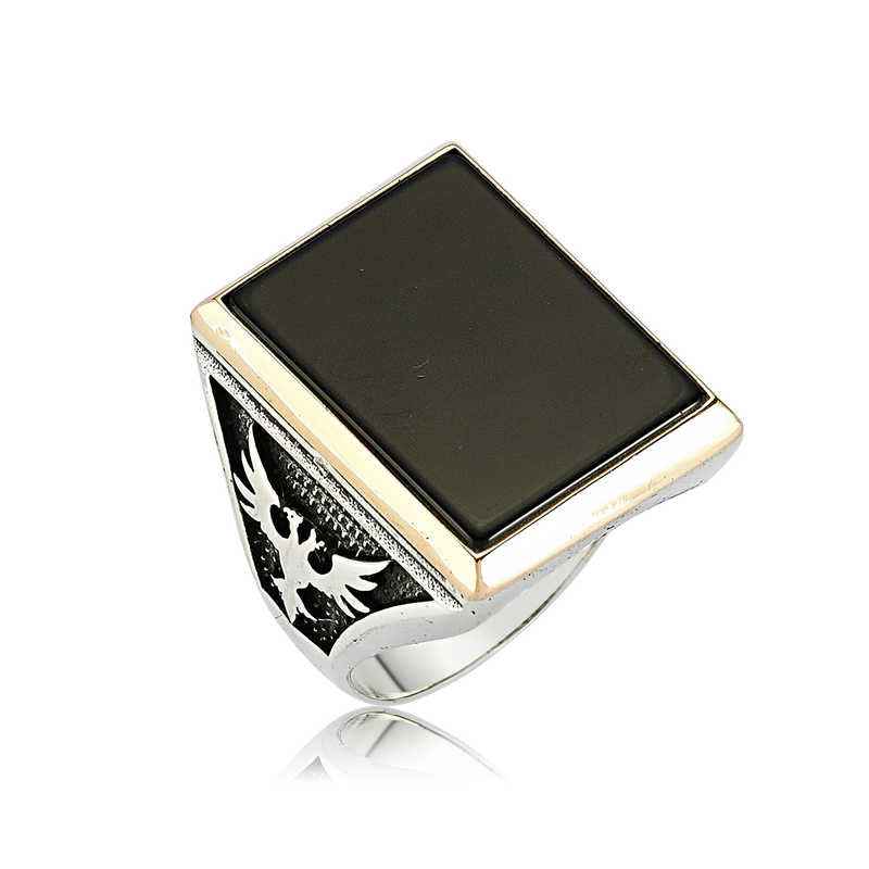 Black Stone Double-Headed Eagle Men's Silver Ring