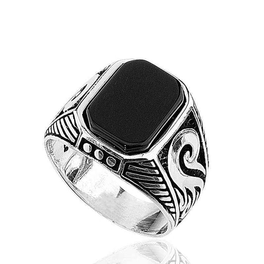 Black Stone Men's Silver Ring