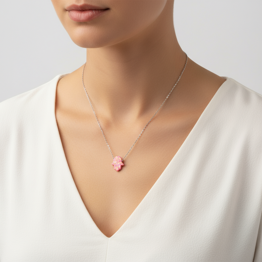 Pink Opal Hand Women's Silver Necklace