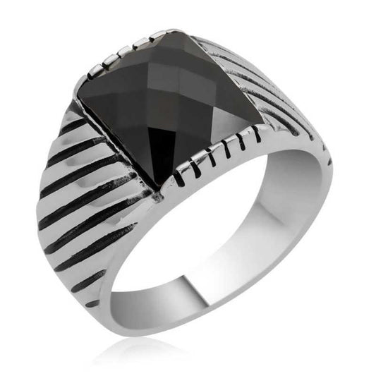 Black Zircon Stone Men's Silver Ring